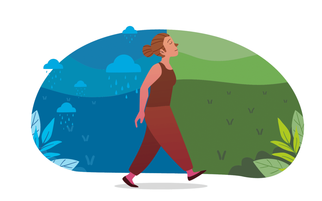 Mindfulness for Grief and Loss - Illustration of a woman walking from a dark environment into a light environment