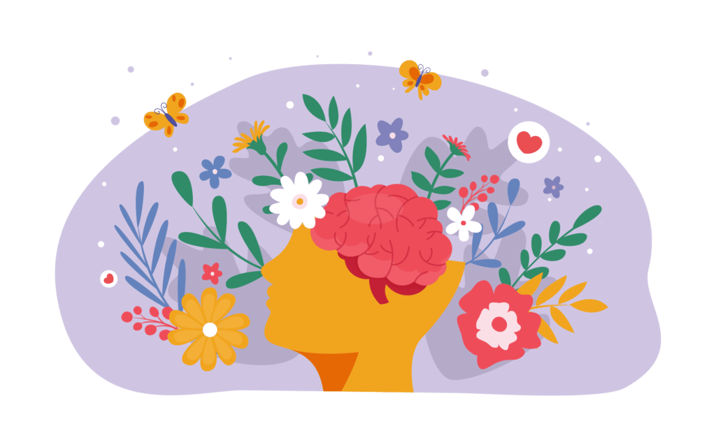 Mindfulness for Grief and Loss - illustration of a brain with flowers blossoming around it