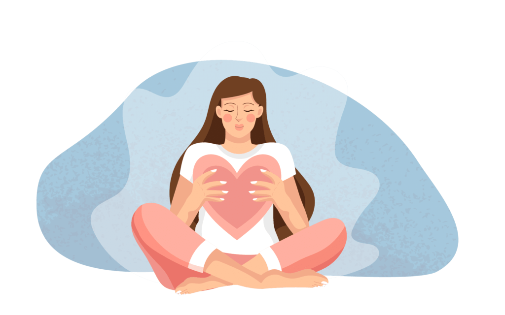 Mindfulness for Grief and Loss - illustration of a woman meditating and holding a heart icon close to her chest.