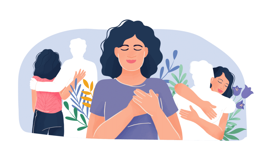 Mindfulness for Grief and Loss - illustration of a woman with her hands over her heart and in the background there are two other images of her hugging a ghost silhouette.